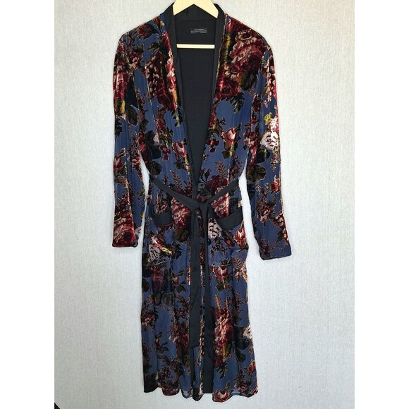 💙 Zara Burnt Velvet Floral Belted Pockets Kimono Coat Size S/M Preppy Chic Arts - Picture 8 of 8